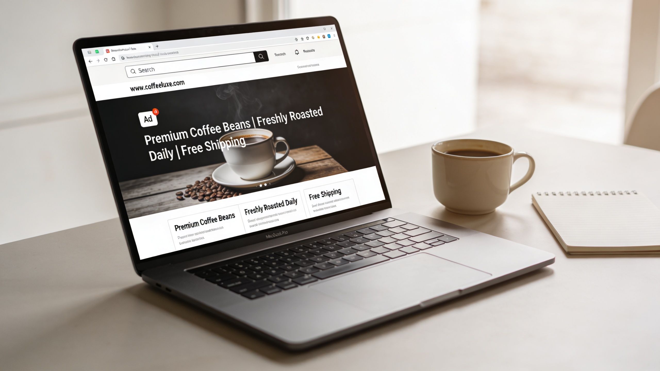 A modern MacBook Pro laptop displaying a professional e-commerce website for a coffee company on a desk.