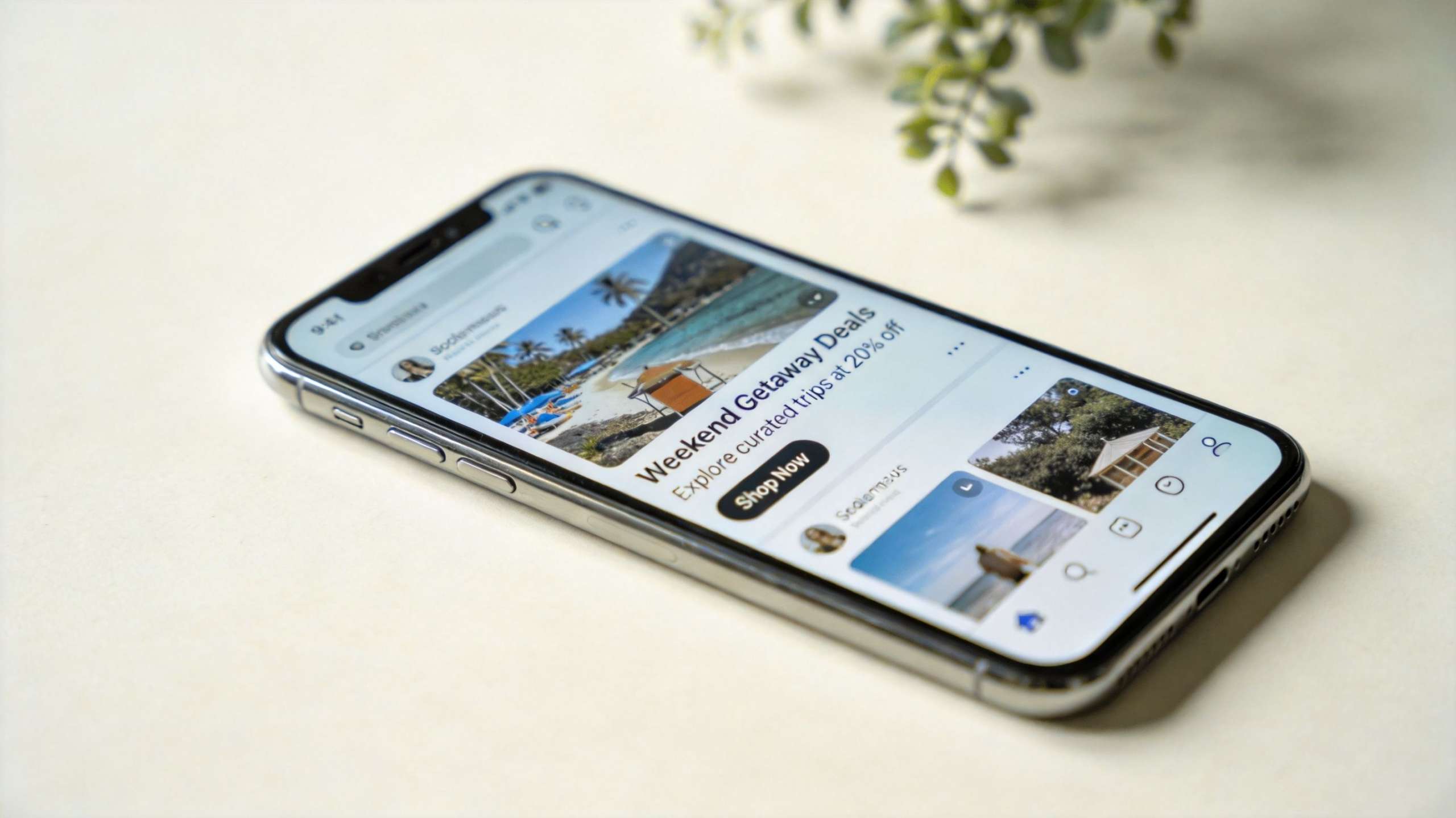A close-up view of a smartphone displaying a social media travel advertisement on its screen.