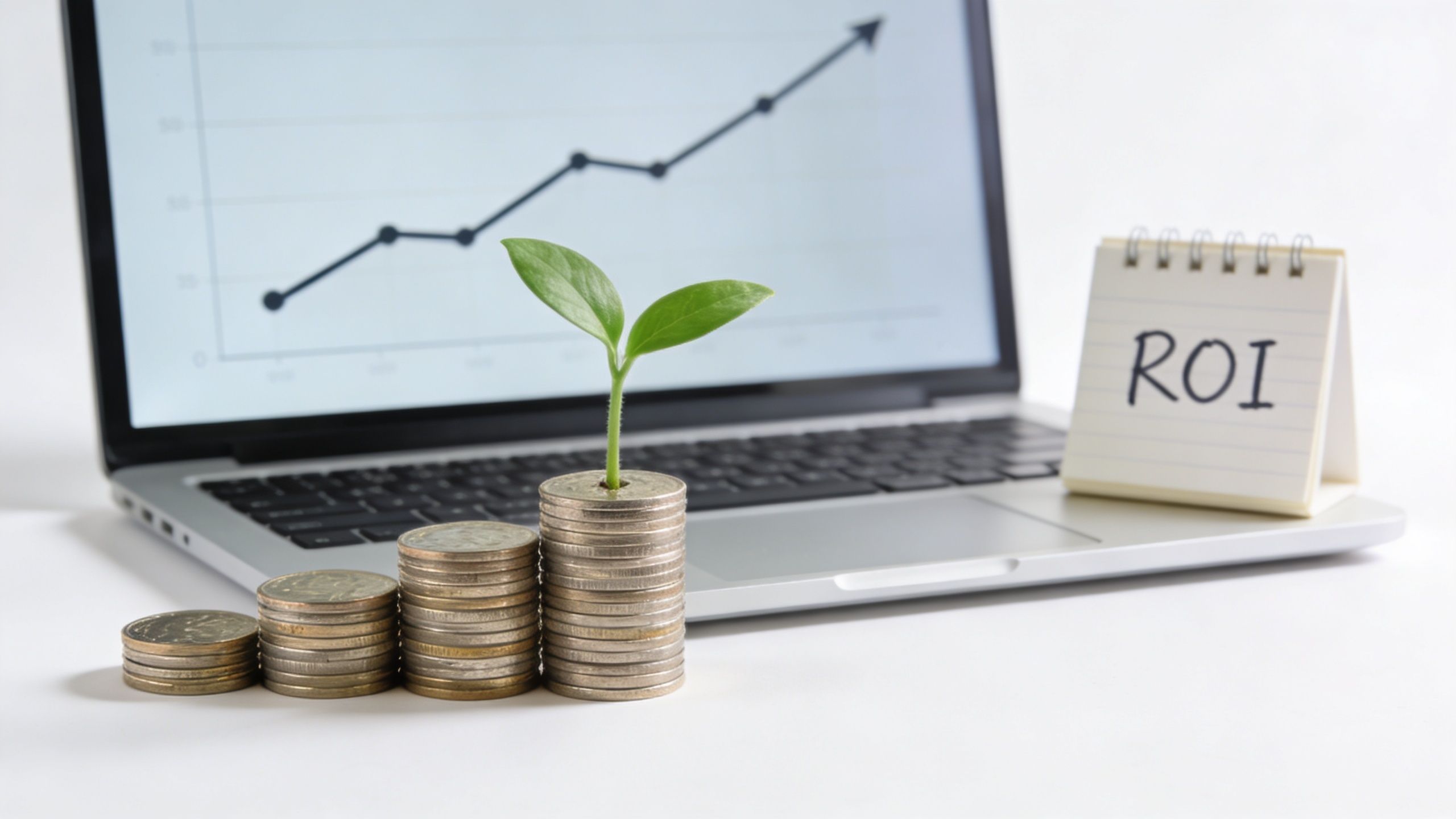A small plant growing from stacks of coins in front of a laptop displaying a financial growth chart.
