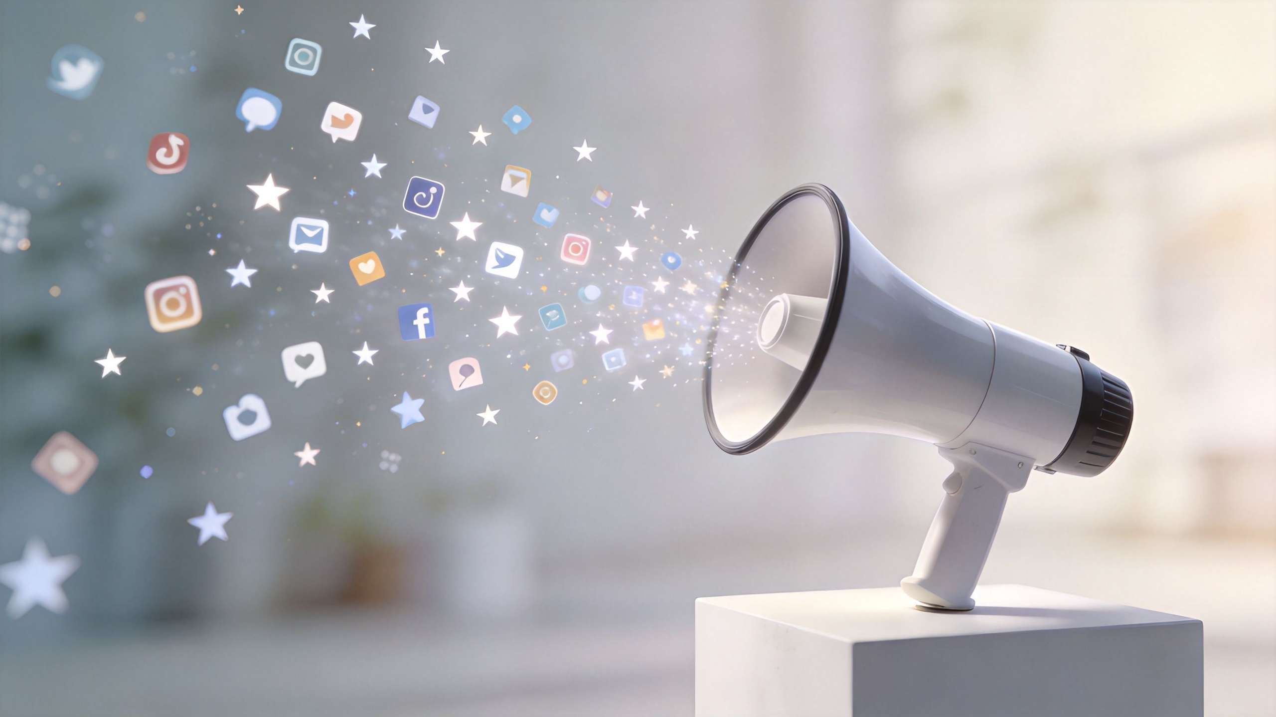 A megaphone broadcasting social media icons and glowing stars, representing effective digital communication and marketing strategies.