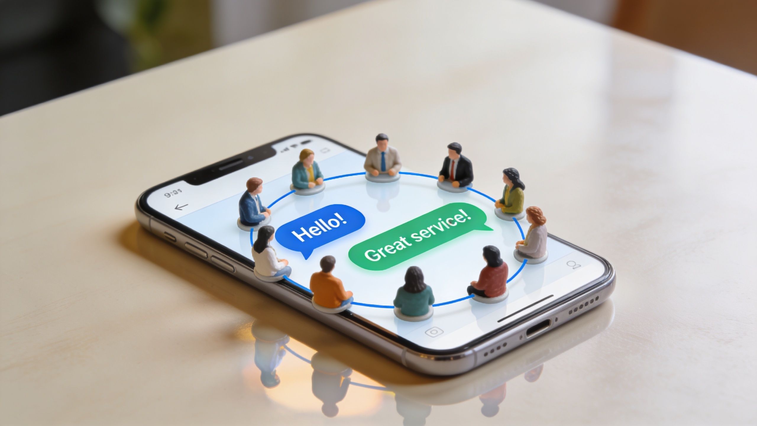 Miniature figures arranged in a circle on a smartphone screen showing speech bubbles with social media messages.