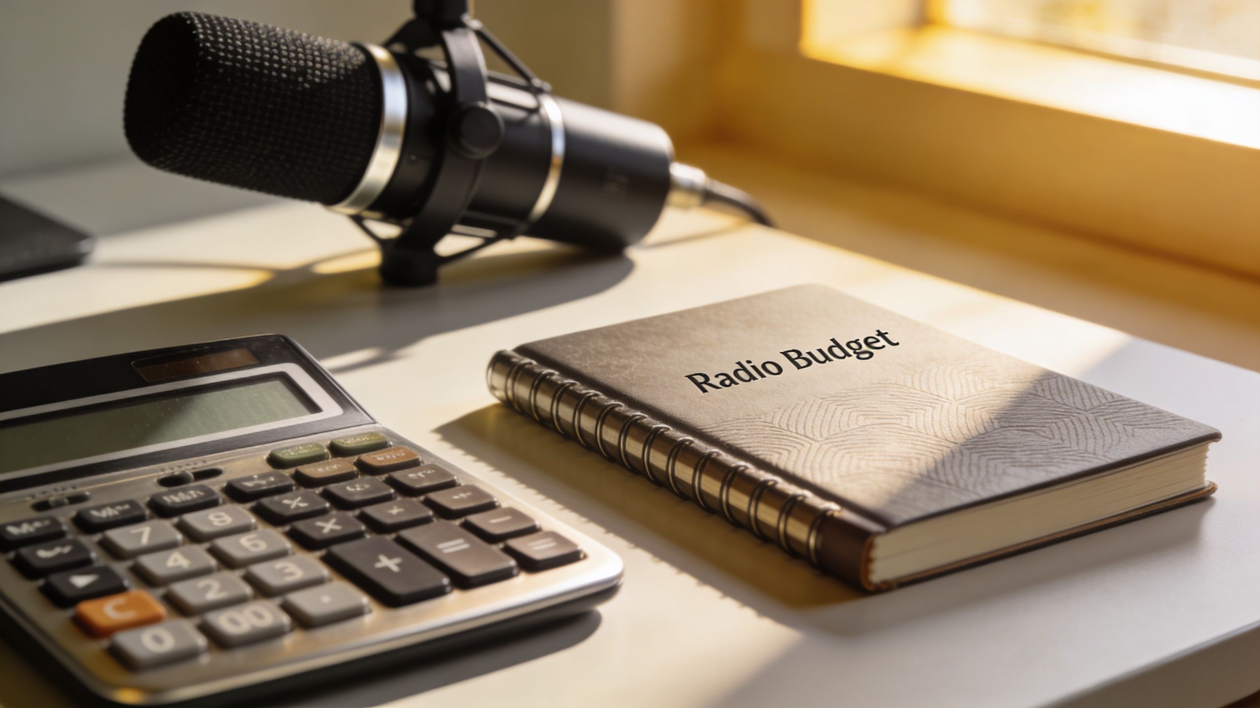 A calculator and a notebook titled Radio Budget placed next to a podcast microphone on a desk.