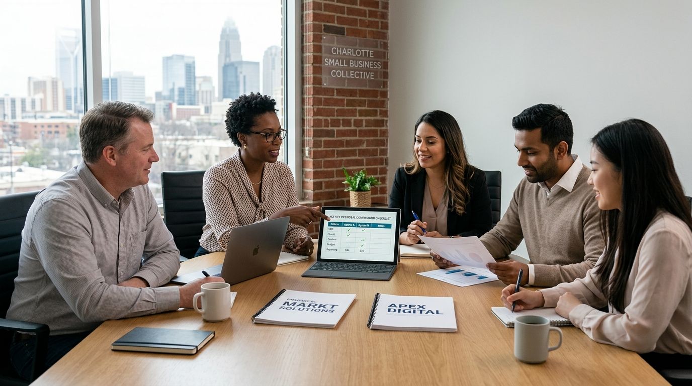 A professional team of colleagues collaborating on a digital marketing strategy during a business meeting in Charlotte.