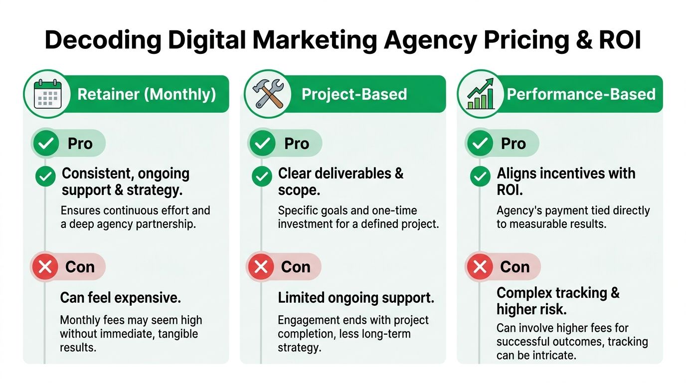 A comparison chart outlining the pros and cons of retainer, project-based, and performance-based digital marketing pricing models.