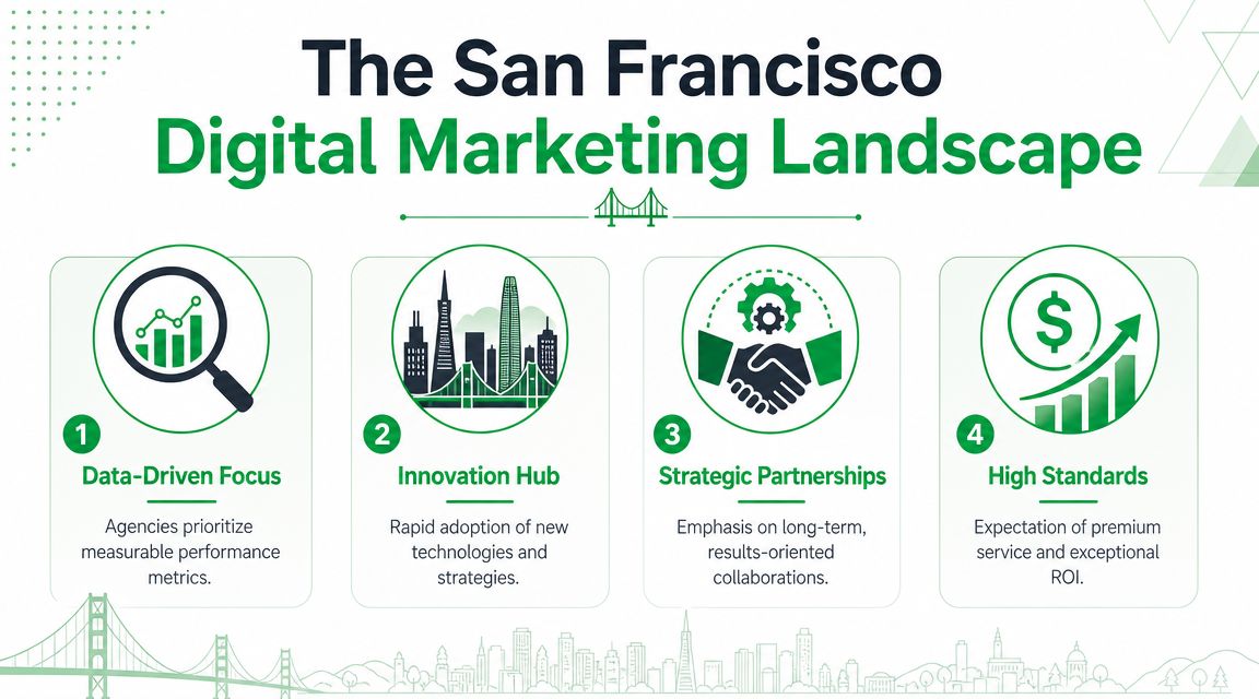 An infographic titled The San Francisco Digital Marketing Landscape outlining four key characteristics of agencies.