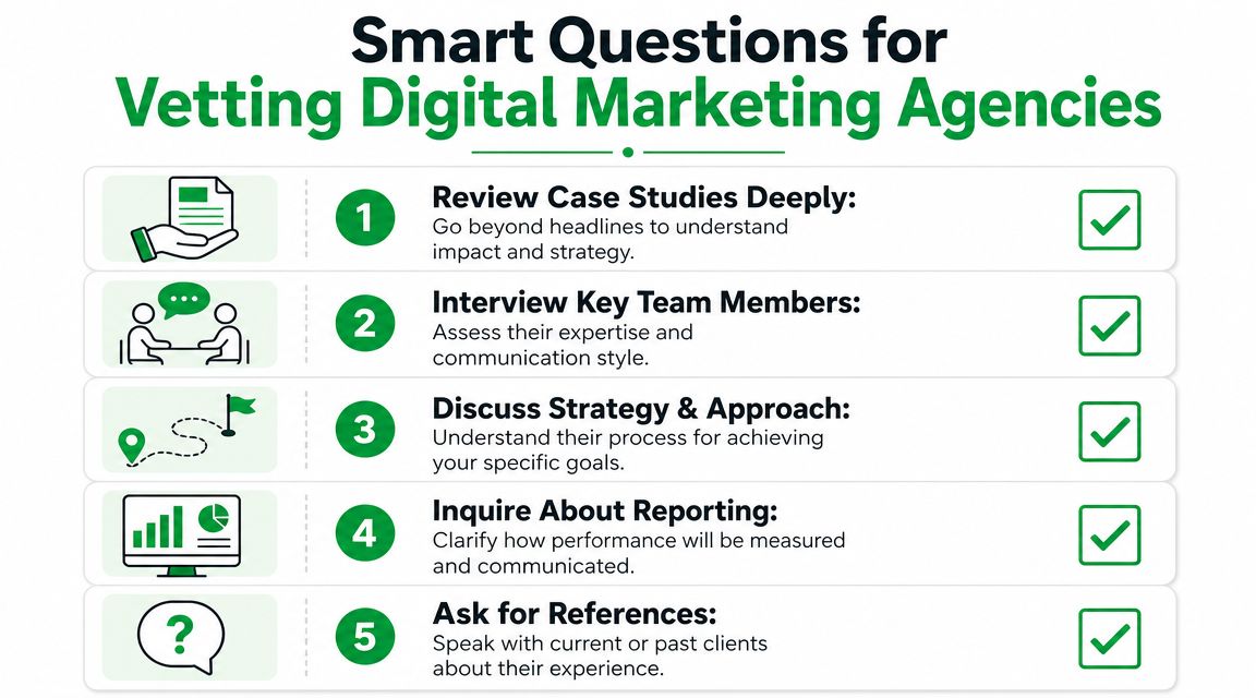 An infographic titled Smart Questions for Vetting Digital Marketing Agencies listing five essential steps for evaluation.