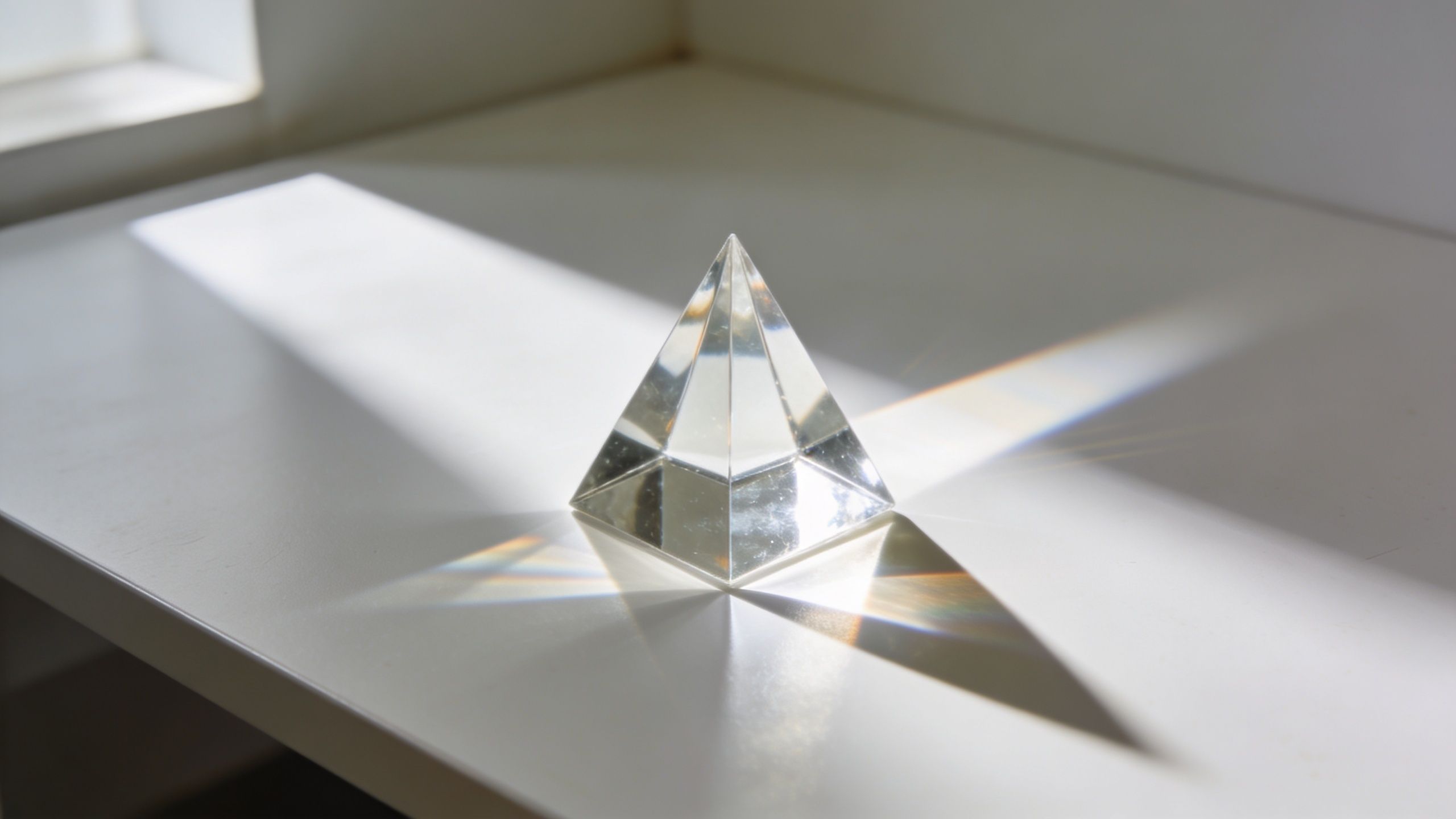 A clear glass pyramid refracting sunlight on a white surface with colorful light spectrum shadows.