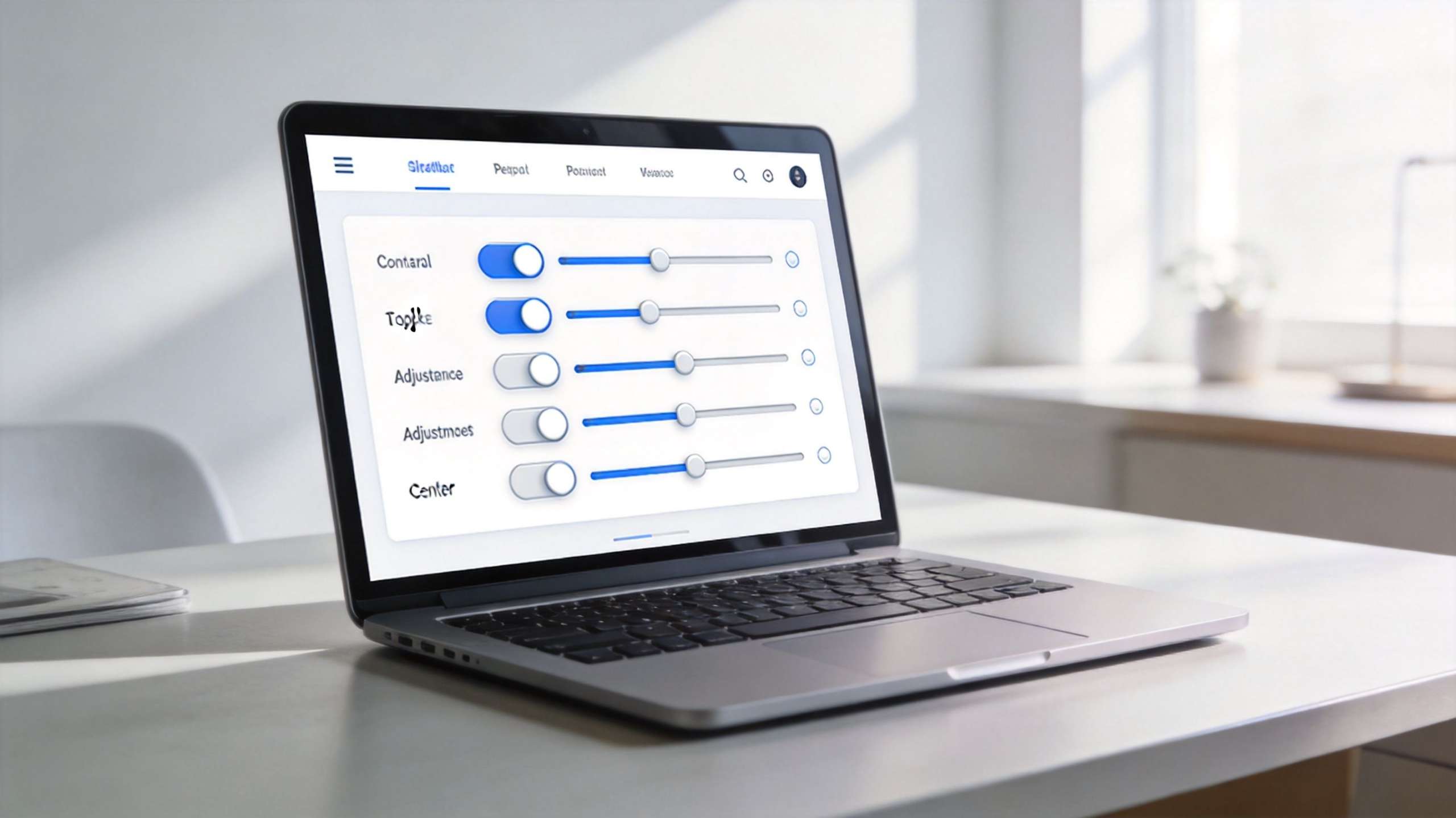 How to Block Sponsored Ads on Facebook: A modern laptop on a white desk displaying a digital interface with various toggle and slider settings.
