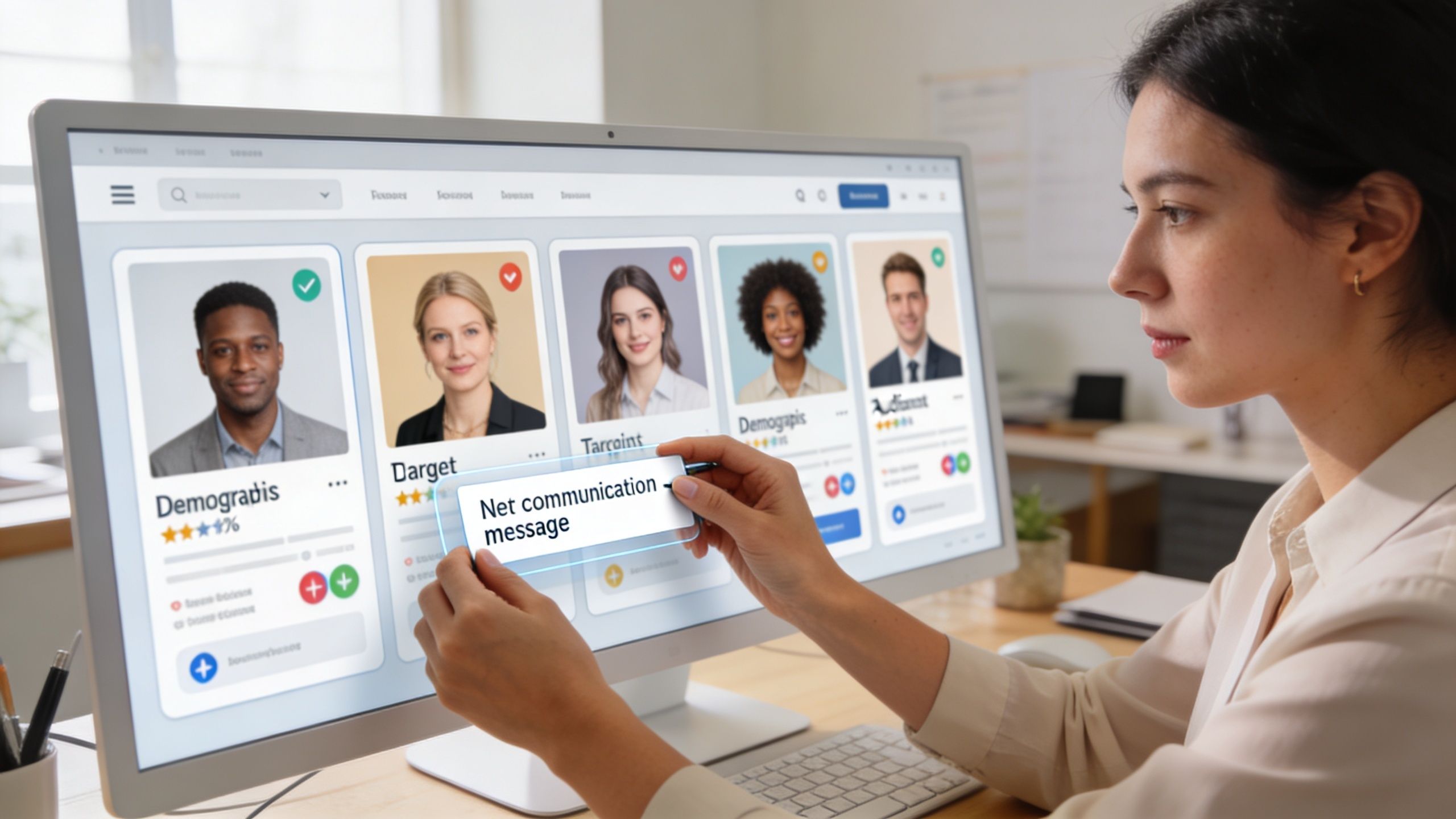 A professional woman using a digital interface to analyze audience demographic profiles and communication strategies on screen.