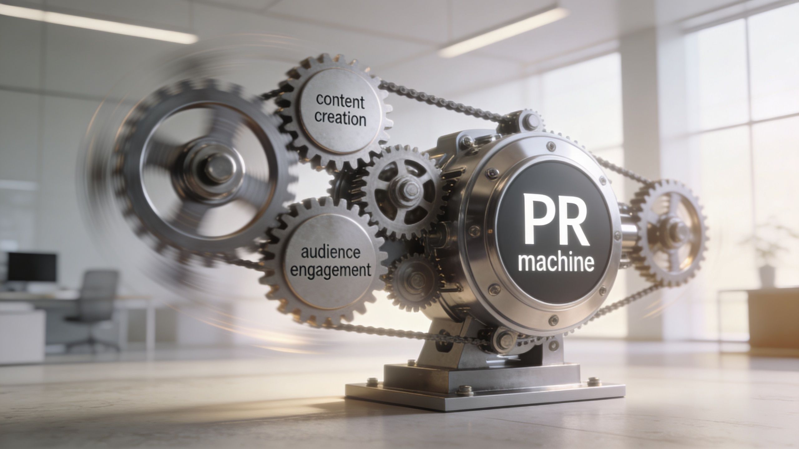 A conceptual 3D illustration of a metallic machine with gears labeled content creation and audience engagement.