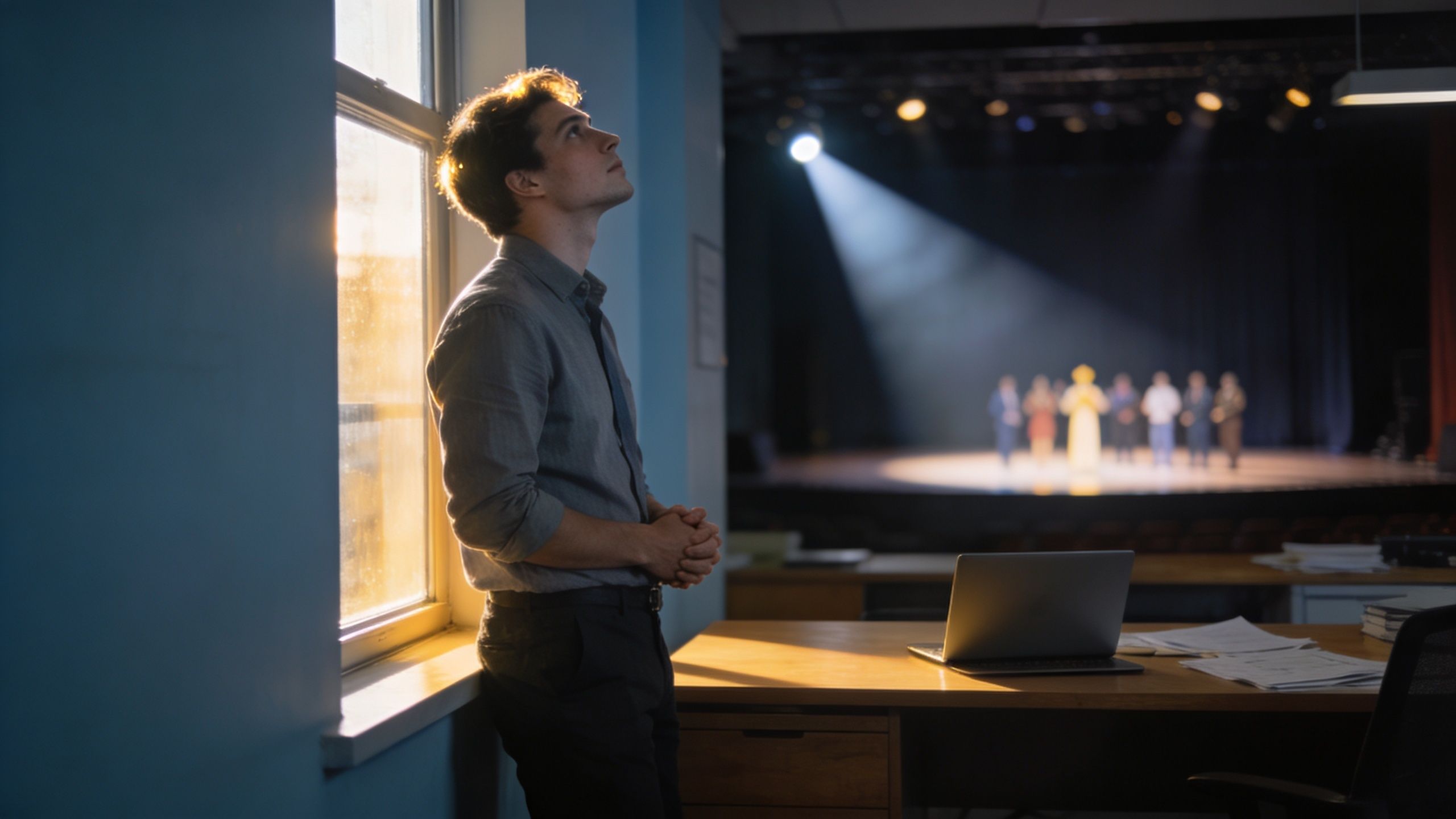 Public Relations Strategy: A man stands by a window in a dimly lit office looking towards a stage performance