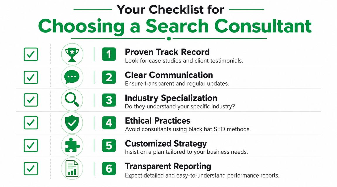 A checklist infographic titled Your Checklist for Choosing a Search Consultant with six key success criteria.