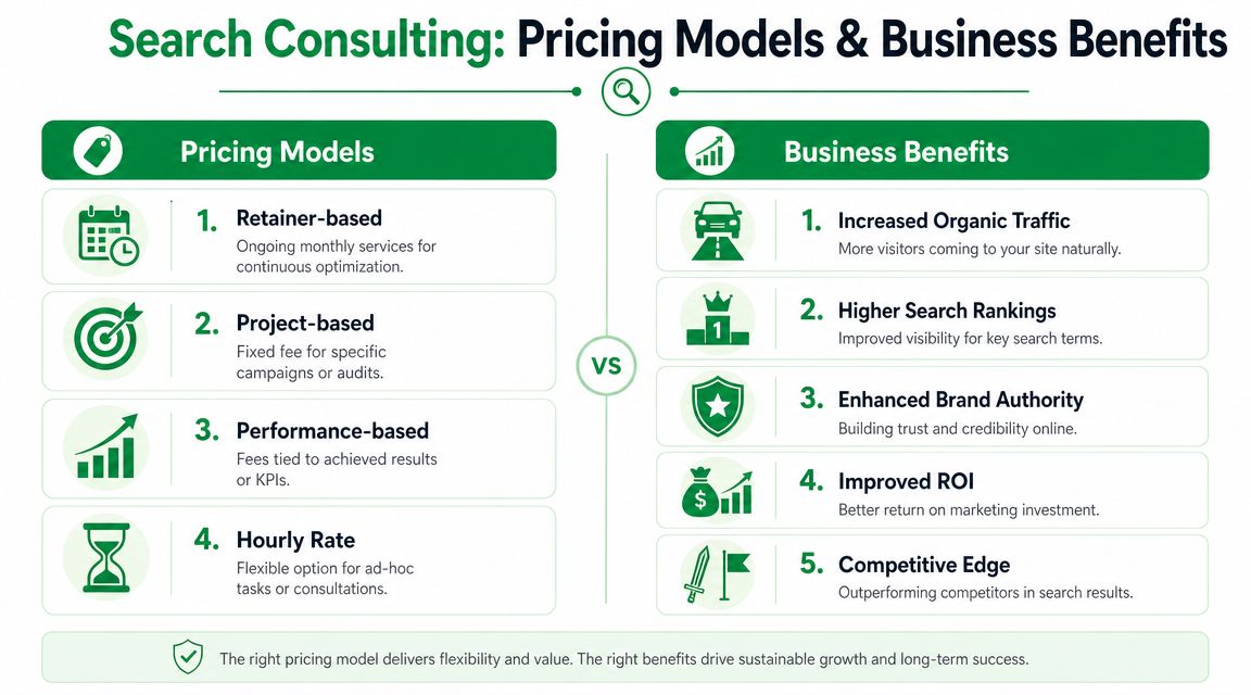 A comparison chart outlining common search consulting pricing models and the business benefits of SEO services.