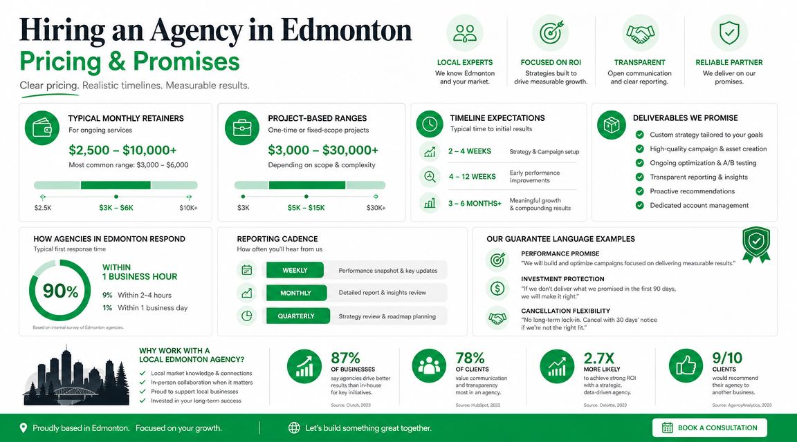 An infographic detailing pricing, service promises, and performance metrics for hiring a digital marketing agency in Edmonton.