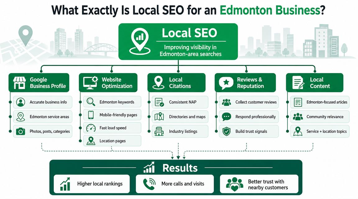 A diagram illustrating the key components of local SEO strategies for businesses based in Edmonton, Canada.