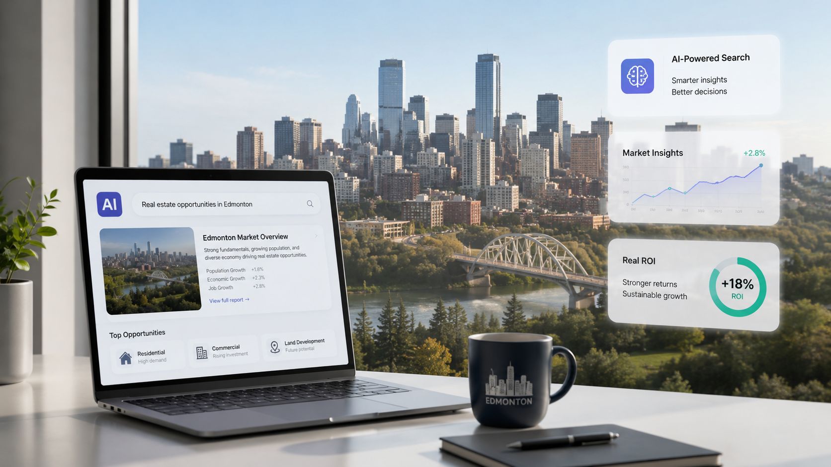 A modern laptop on a desk overlooking a city skyline with overlaid AI real estate data analytics.