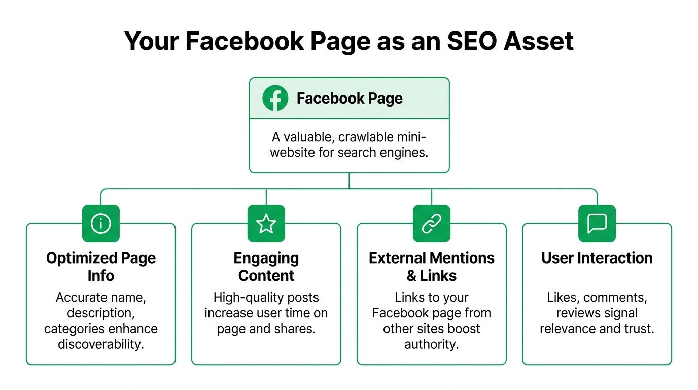 A diagram illustrating how a Facebook page serves as a valuable, crawlable SEO asset for search engines.