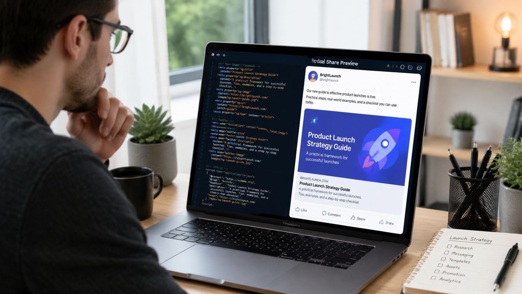 A professional developer coding website metadata for a product launch strategy social media post preview.