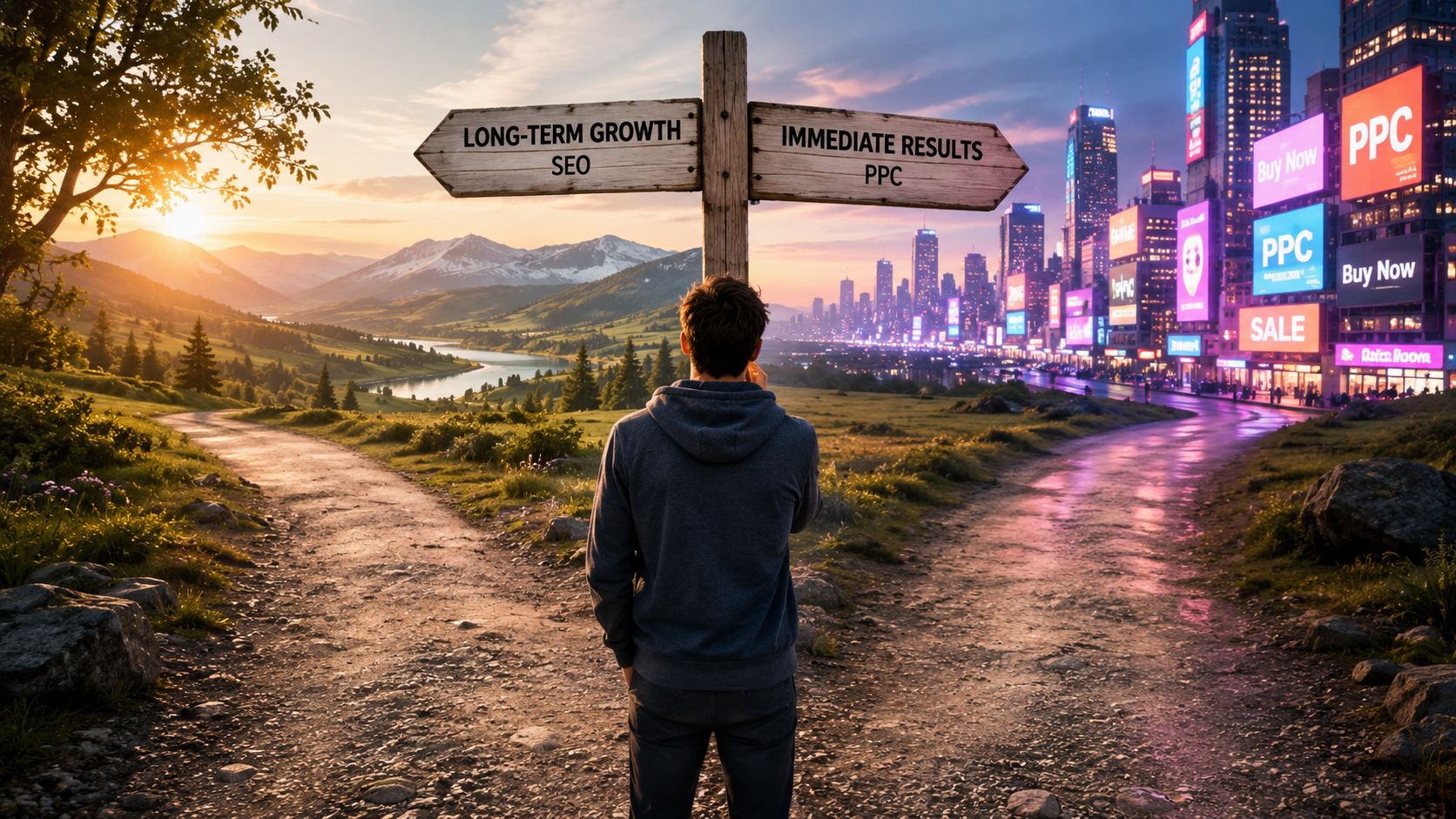 A person standing at a fork in the road choosing between SEO for long-term growth and PPC.
