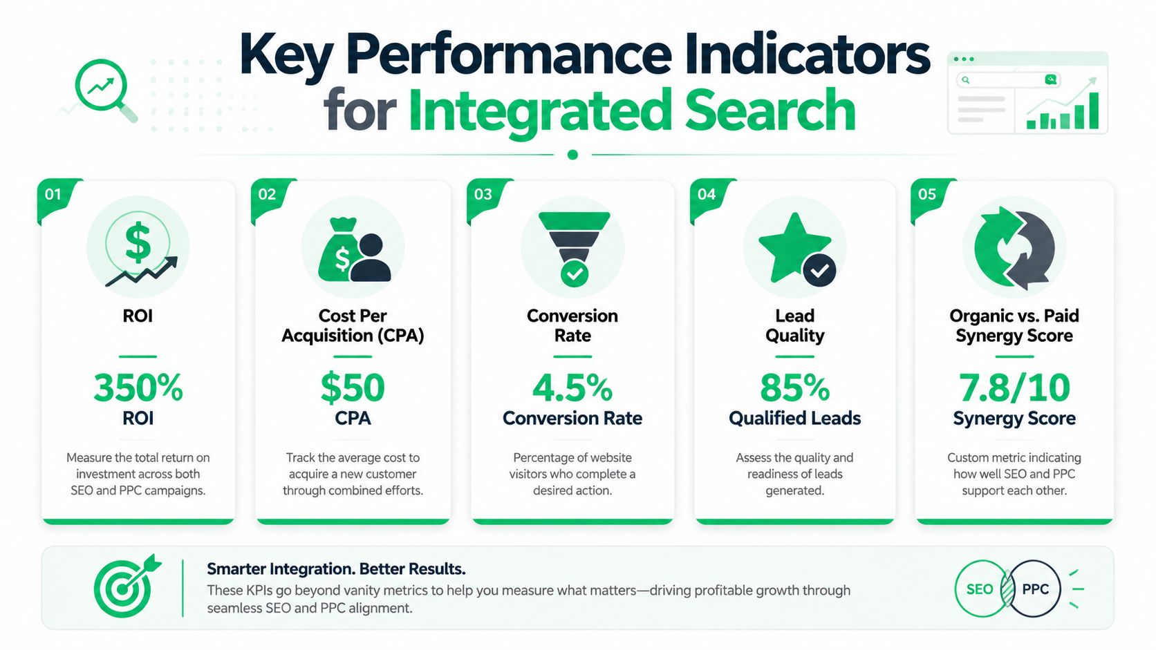 A visual guide illustrating five key performance indicators for measuring the success of integrated SEO and PPC campaigns.