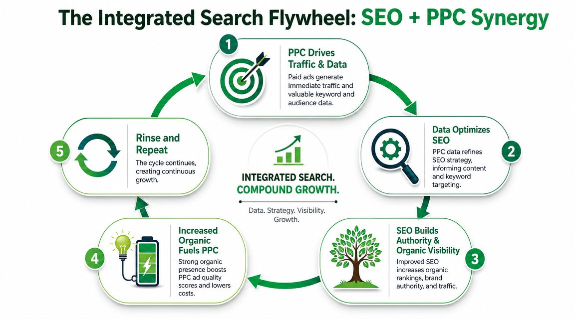 A circular diagram illustrating the Integrated Search Flywheel concept, showing the synergistic relationship between SEO and PPC strategies.