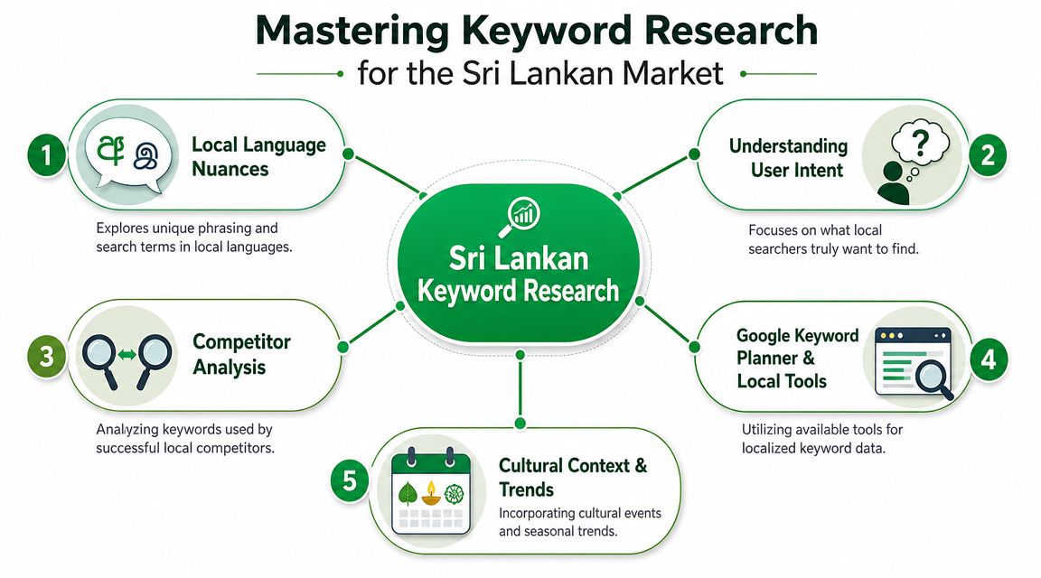 An infographic titled Mastering Keyword Research for the Sri Lankan Market, featuring five essential strategies.