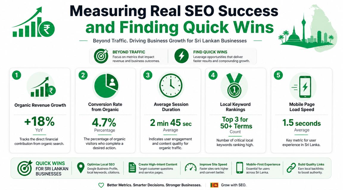 An infographic titled Measuring Real SEO Success and Finding Quick Wins for Sri Lankan businesses with key metrics.