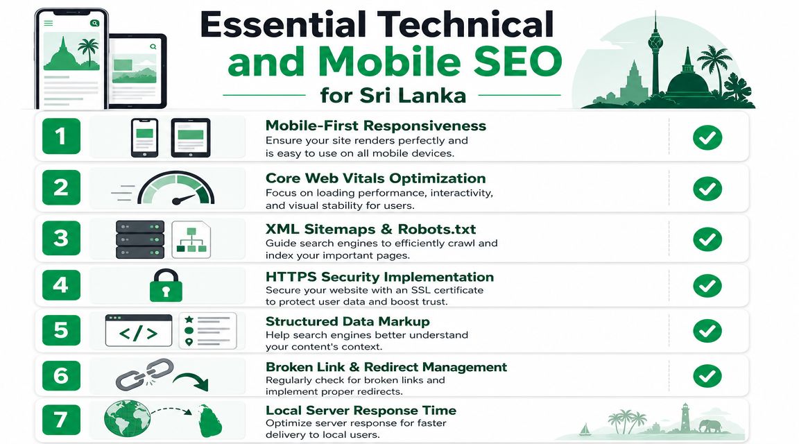 An infographic detailing seven essential technical and mobile SEO strategies tailored for businesses in Sri Lanka.