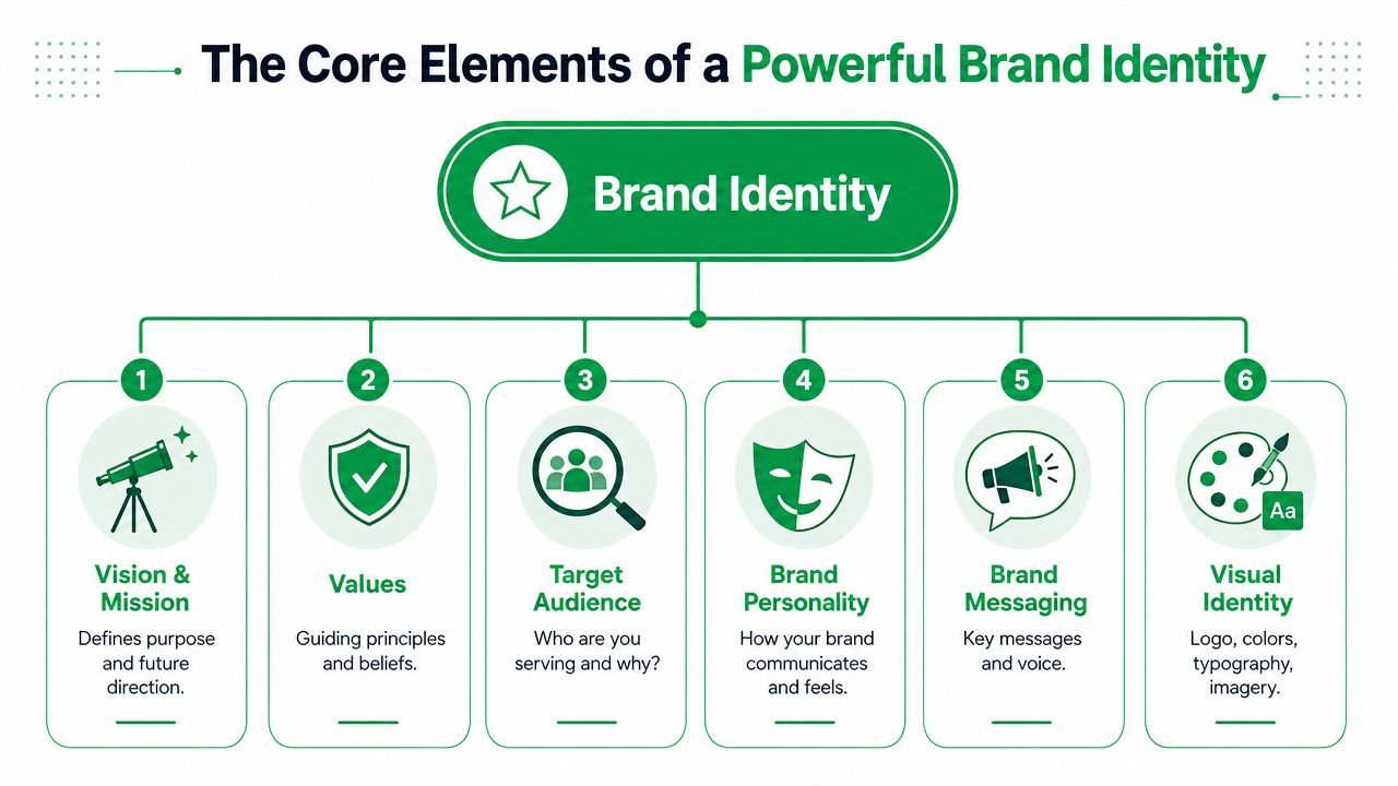 A diagram illustrating the six core elements needed to build a powerful and effective brand identity.