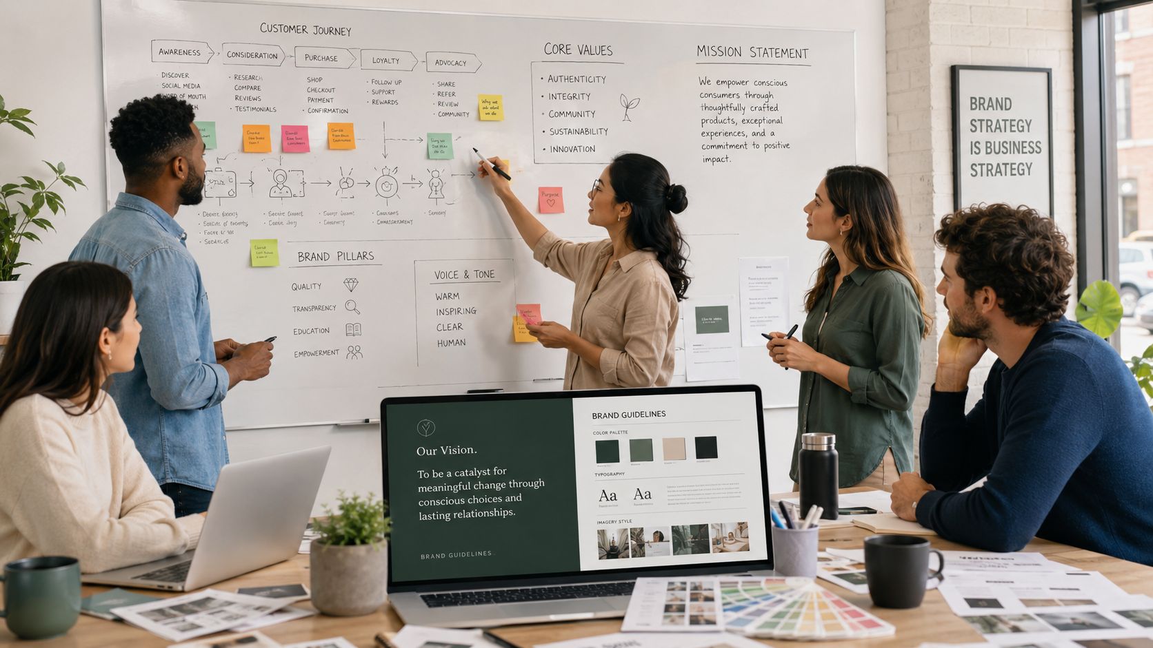 Small Business Branding Services: A diverse group of creative professionals collaborating on a brand strategy project in a modern office space.