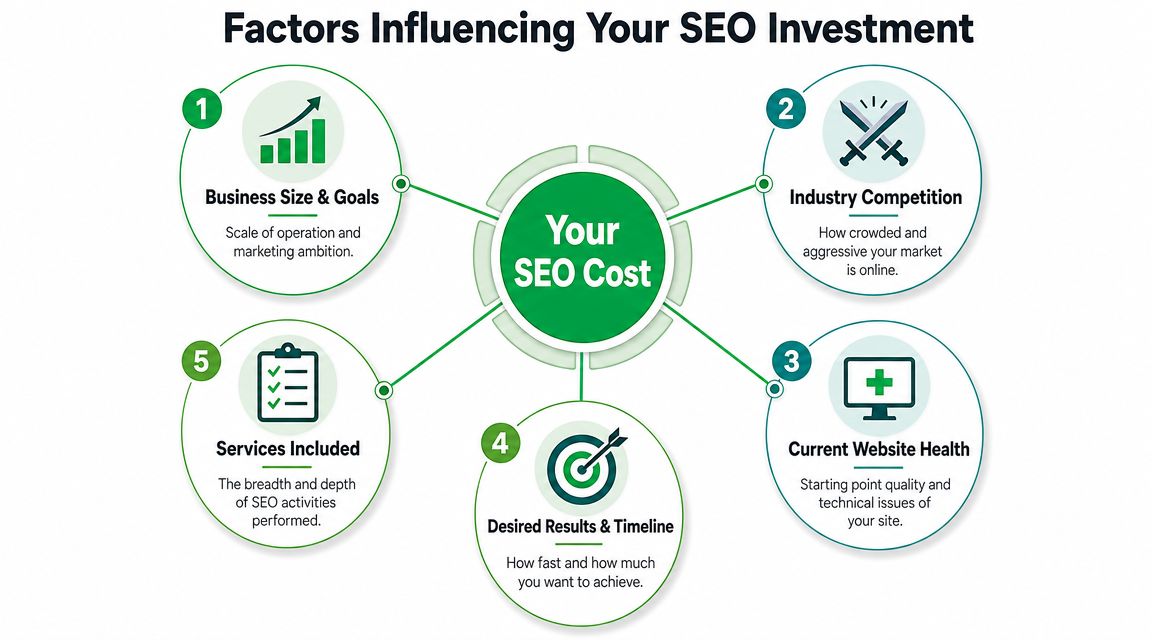 A diagram outlining five key factors that influence the total cost of an SEO investment strategy.