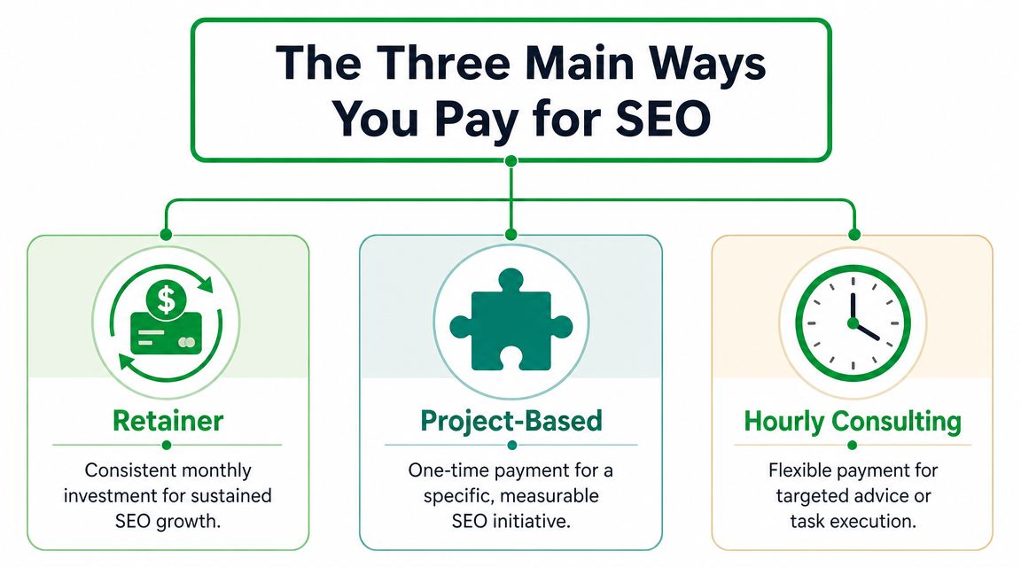 A diagram illustrating the three main ways to pay for SEO services: retainer, project-based, and hourly consulting.