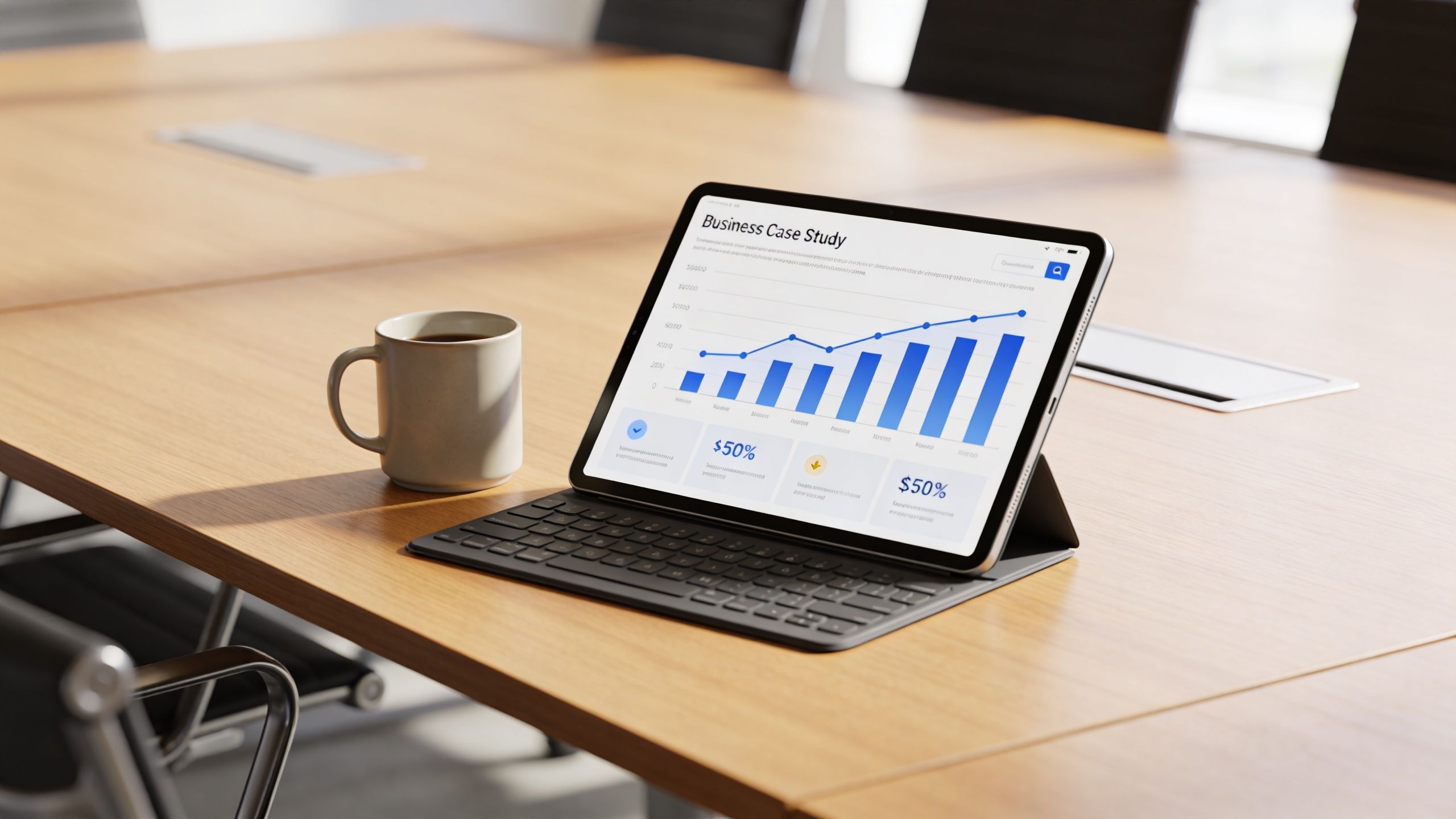 A digital tablet displaying a business case study graph on a wooden table beside a coffee mug.
