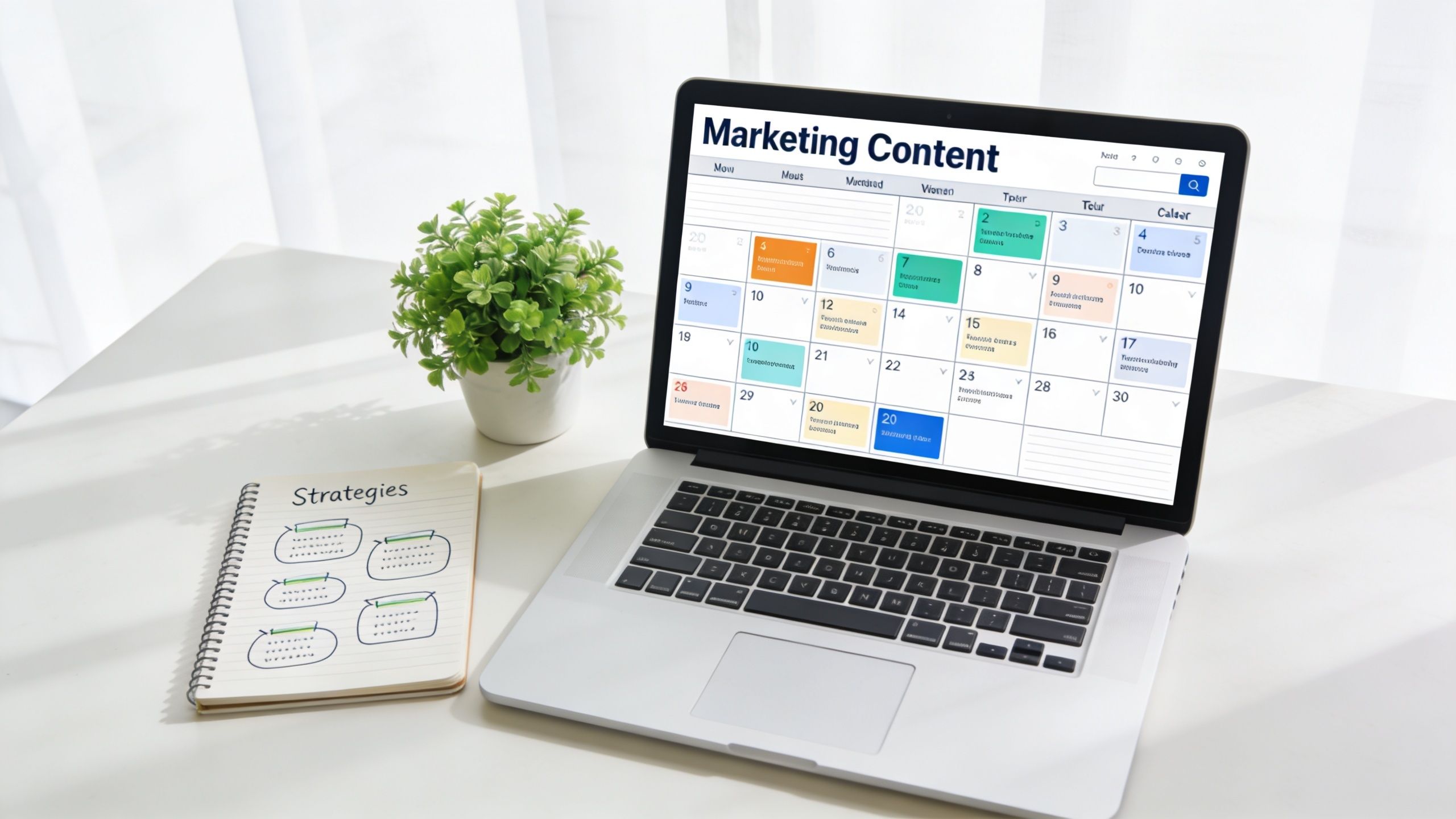 A laptop showing a marketing content calendar next to a notebook with drawn strategy diagrams on a desk.