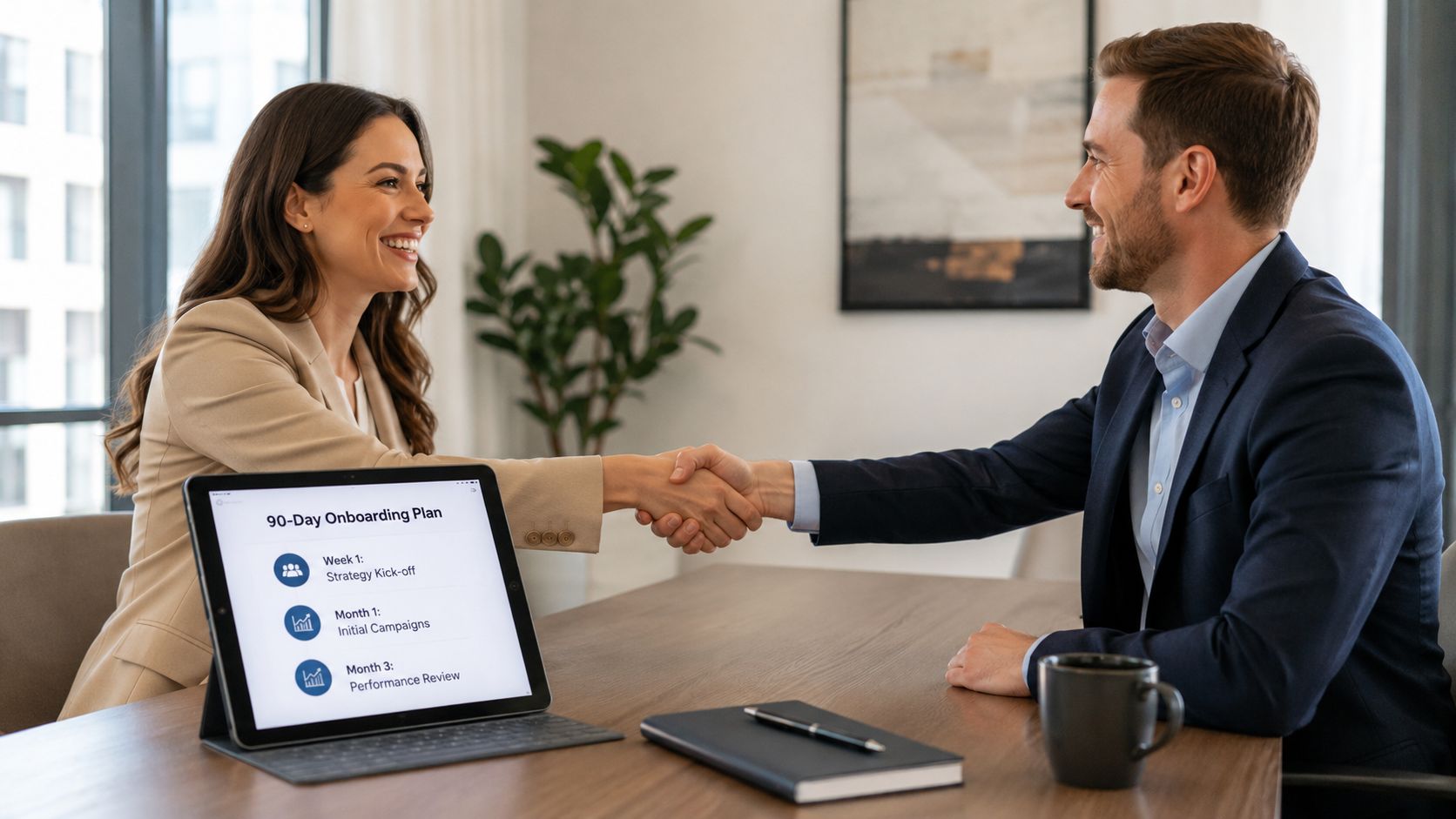 A professional woman and man shaking hands across a desk with a 90-day onboarding plan on tablet.