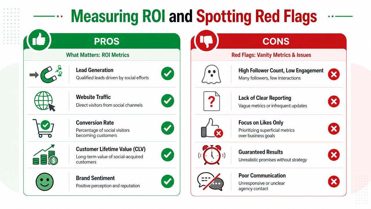An infographic comparing metrics to measure ROI of social media agencies versus red flag vanity metrics.