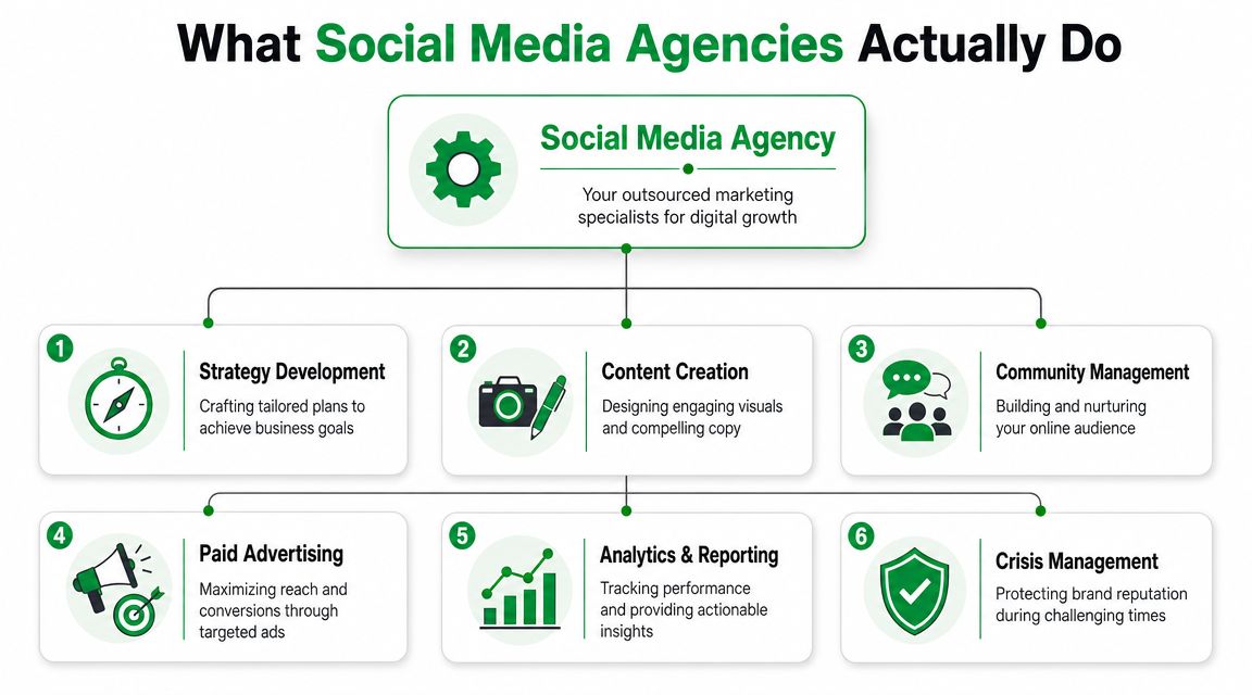 A diagram outlining the six core services provided by professional social media marketing agencies for brands.