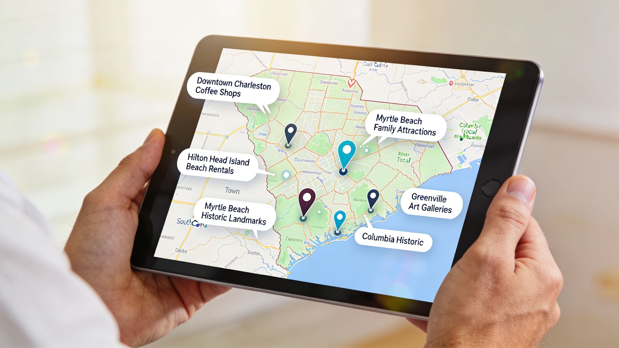 A person holding a tablet showing an interactive map of South Carolina with various location markers displayed.