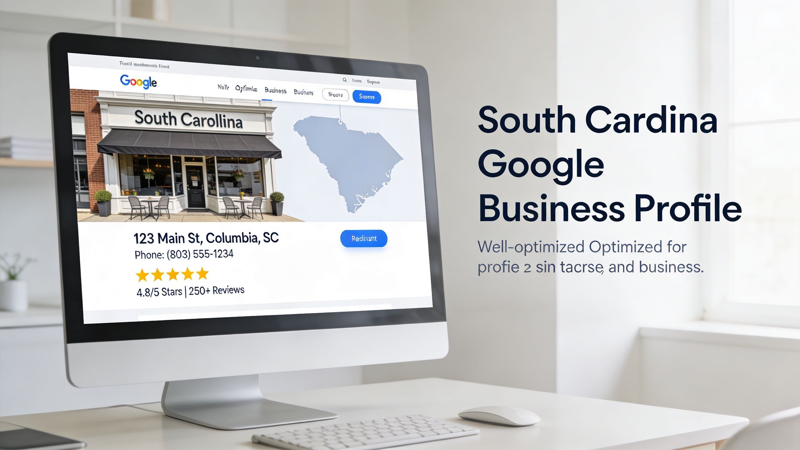 A desktop computer displaying a Google Business Profile for a local business in South Carolina.