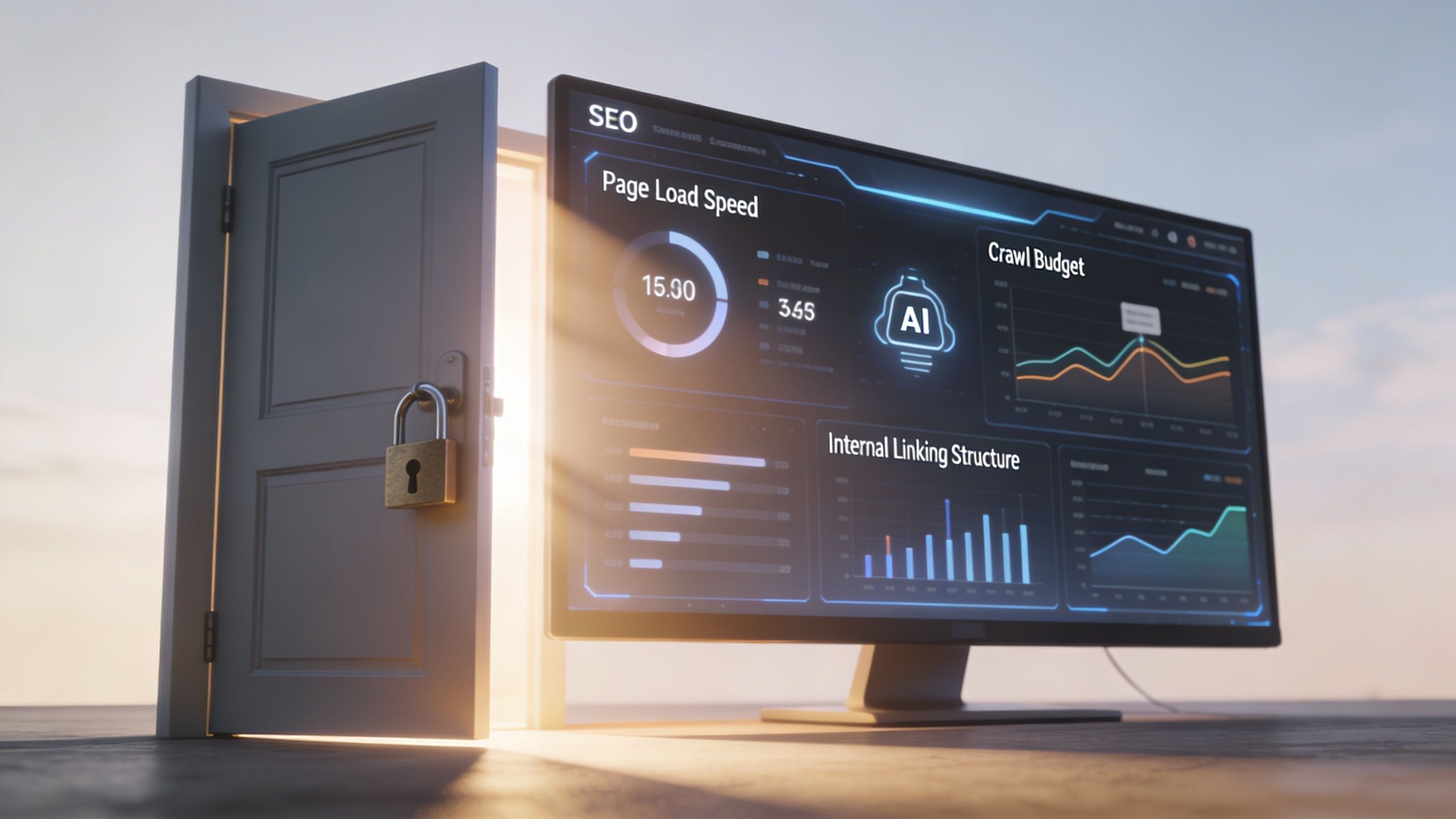 A digital display monitor showing an SEO dashboard with performance metrics and an AI icon, standing near an open door.