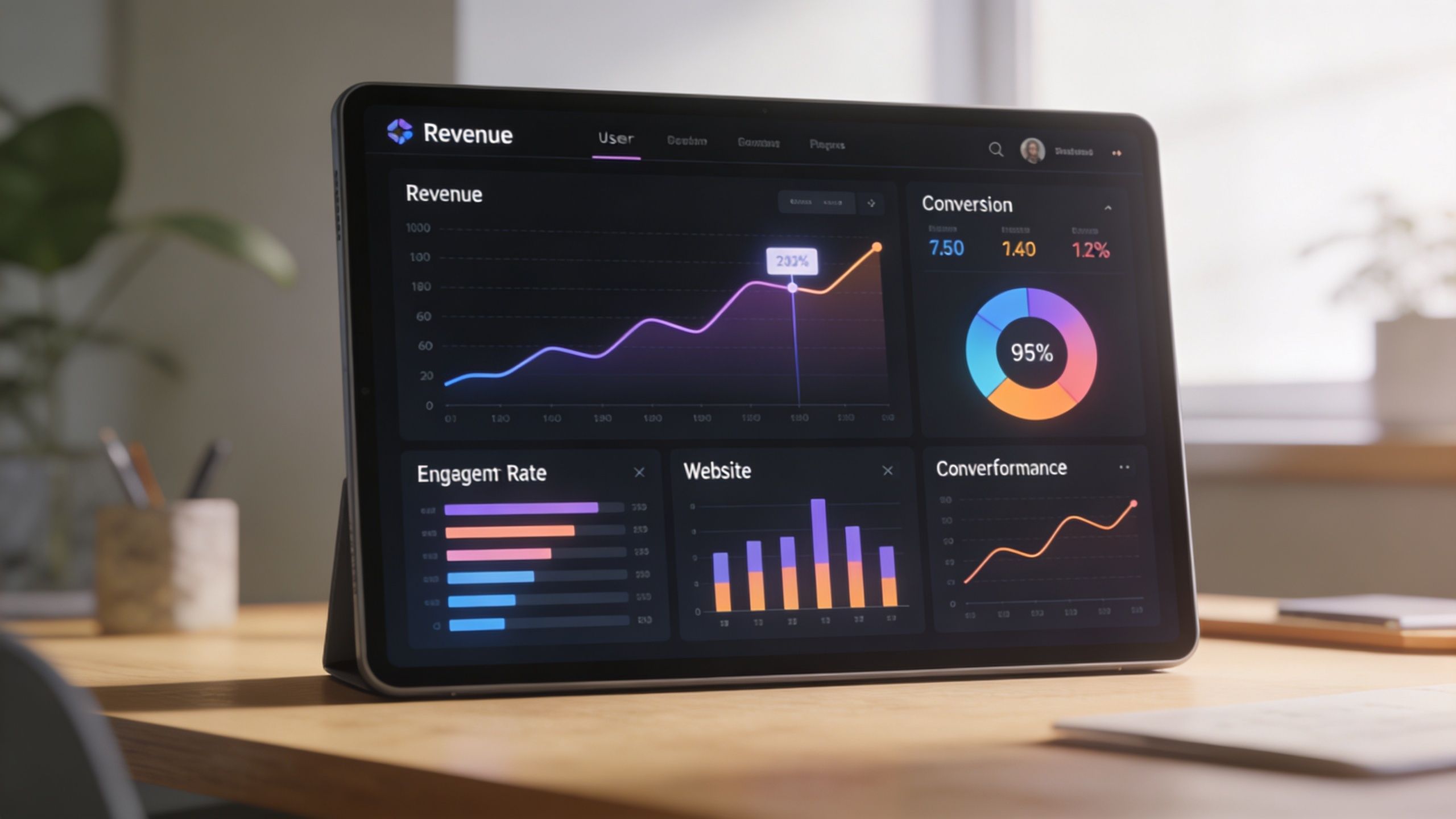 A digital tablet displaying a dark-themed business analytics dashboard with various charts and revenue data metrics.