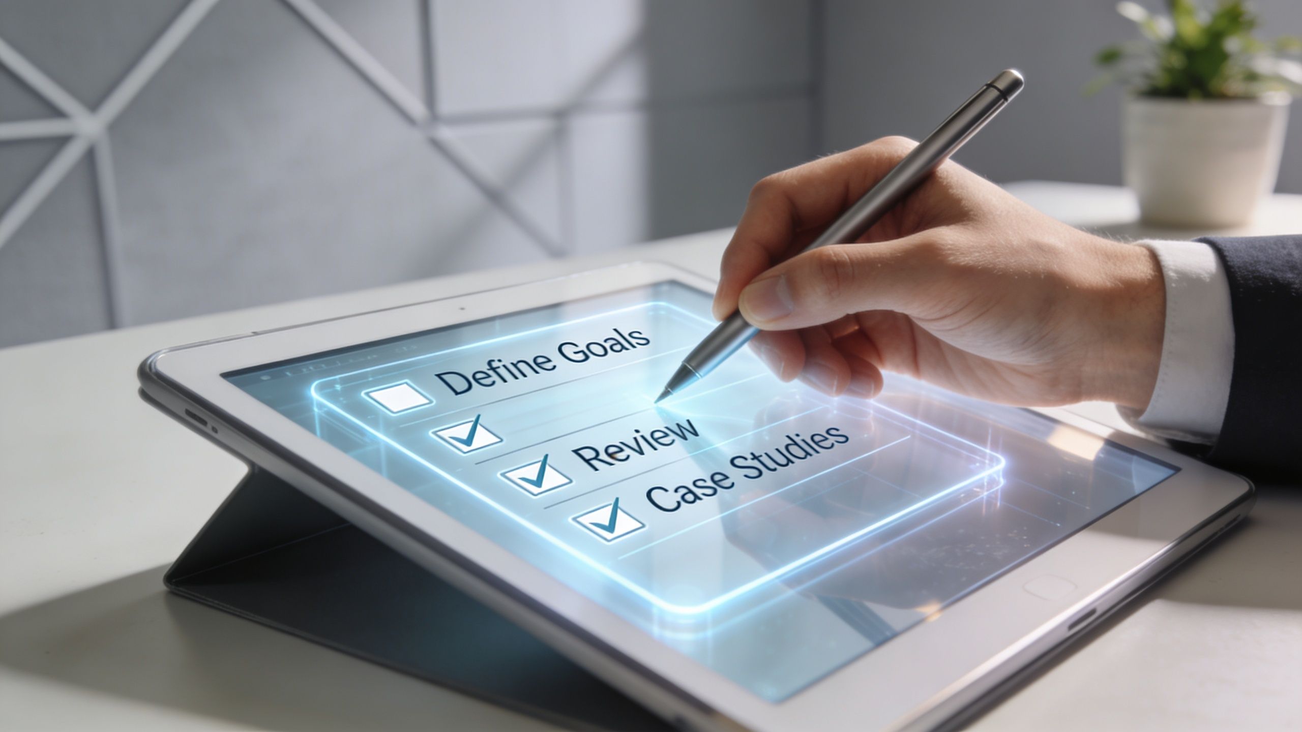 A professional checking off digital checklist items on a tablet screen, symbolizing strategic planning and business success.