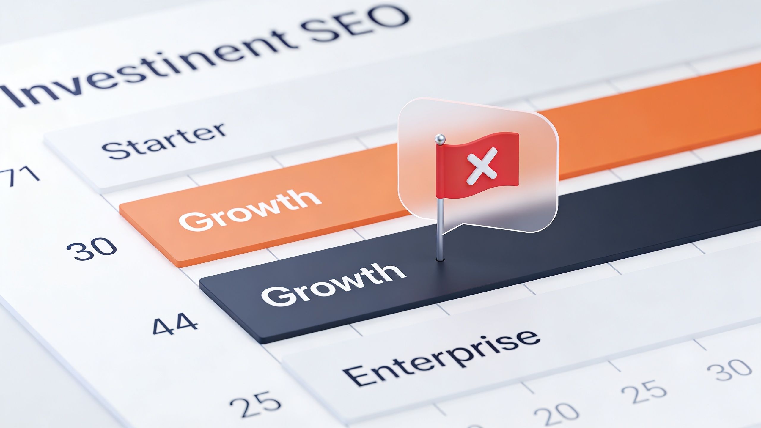 A 3D chart displaying an SEO investment plan with Growth and Enterprise labels and a red flag.