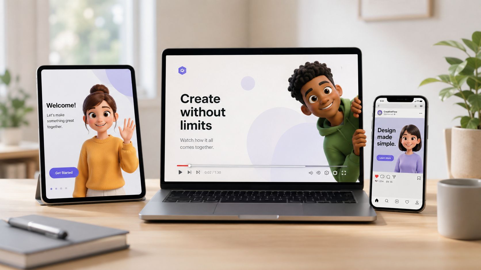 Three devices displaying 3D cartoon characters on screens arranged on a clean wooden office desk.
