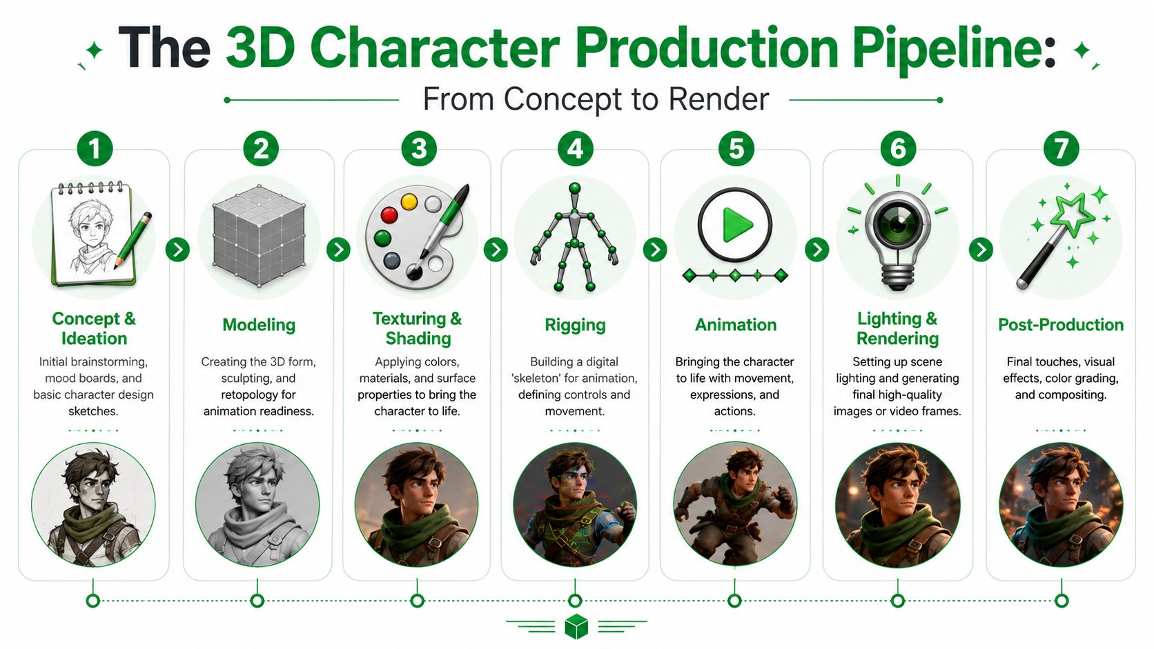 An infographic showing the seven steps of the 3D character production pipeline from concept to final rendering.