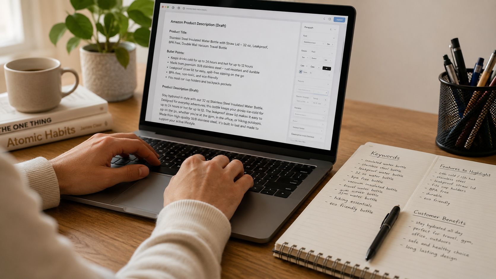 A person typing on a laptop while drafting an Amazon product description and referring to handwritten notes.