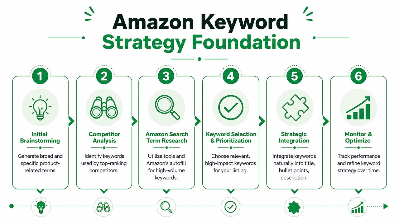 A flowchart showing six steps for developing an effective Amazon keyword strategy for product listings.