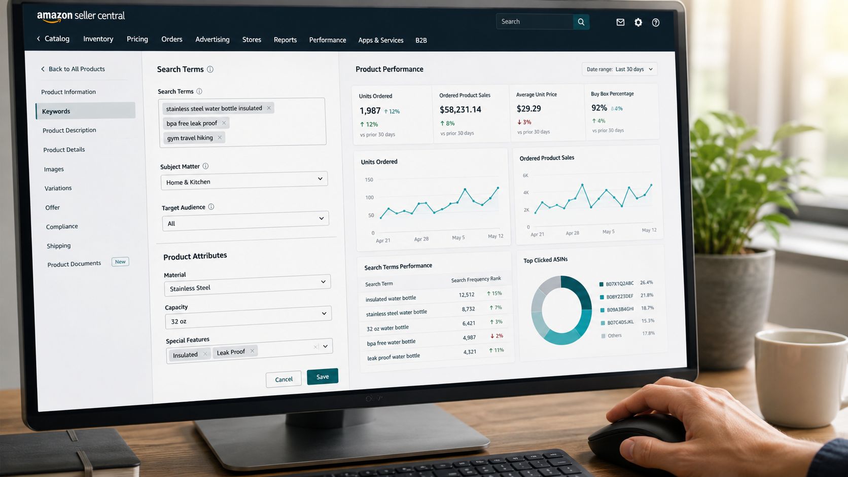 A professional desk view showing a computer screen displaying an Amazon Seller Central product performance dashboard.