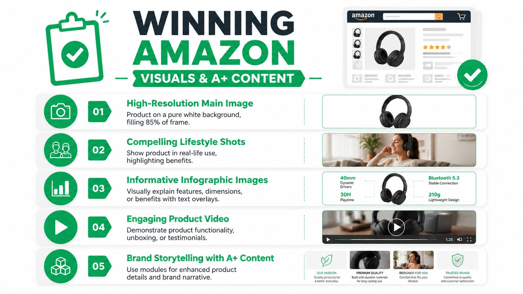 An infographic detailing five essential strategies for optimizing Amazon product visuals and A+ content for sales.