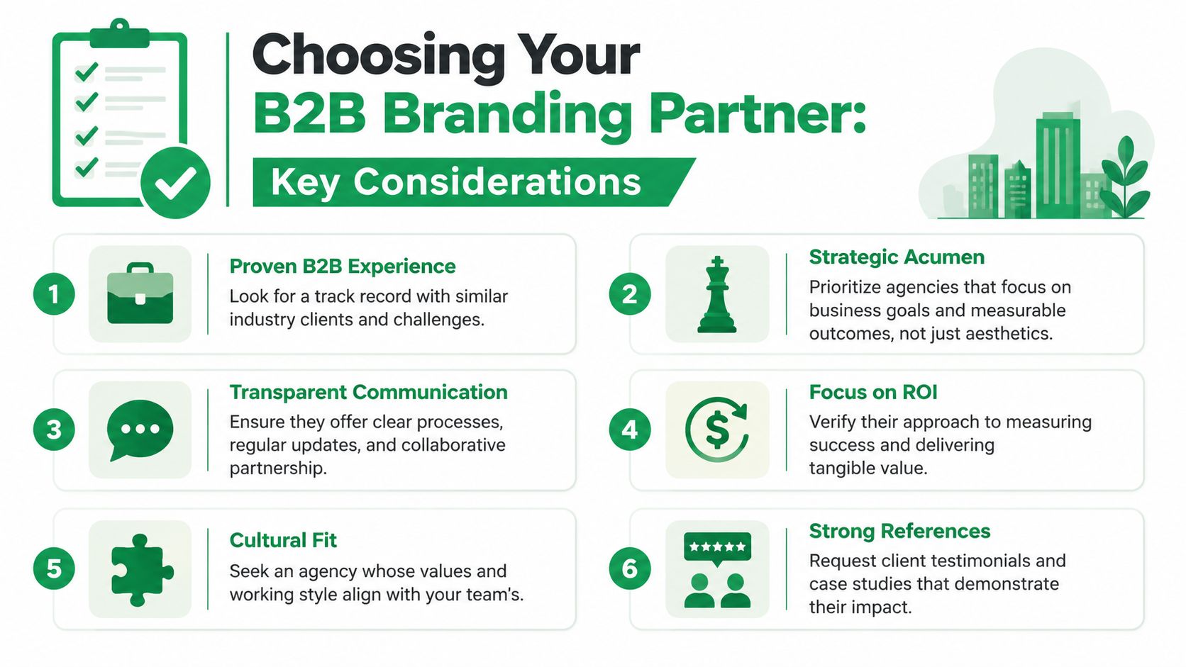 An infographic detailing six key considerations for selecting the right B2B branding agency for your business.